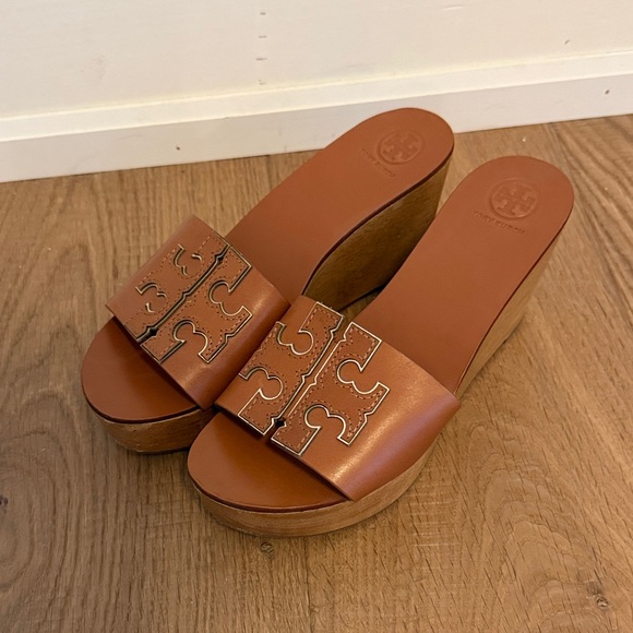 Tory Burch Shoes - Tory Burch Tan Leather and wood Wedge Sandals with gold accents